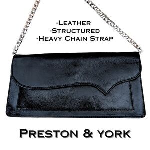 Preston & York Black Leather Shoulder Bag Structured Evening Silver Chain Strap